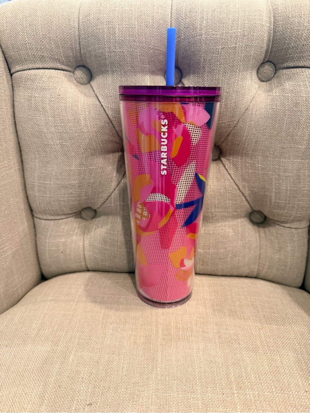 Starbucks Pink and Purple Floral Acrylic Tumbler with Blue Straw